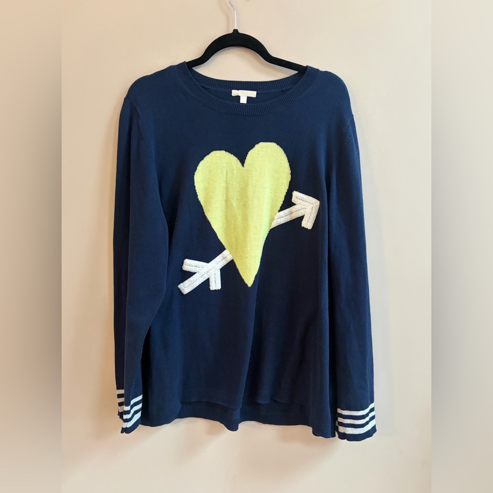 Lisa Todd Heart Throb Navy Lime Green Heart Long Sleeve Cotton Sweater Top